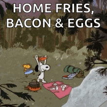 a cartoon of snoopy and woodstock having a picnic with the words home fries bacon and eggs