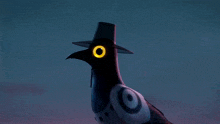 a cartoon character with three yellow eyes and a hat