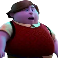 a cartoon character with a surprised look on his face wears a red vest