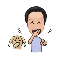 a cartoon of a man covering his mouth with his hand and a dog covering its face