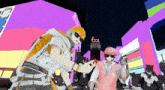 two anime characters are standing in front of a building that says 6a on it