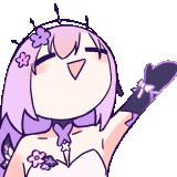 a cartoon girl with purple hair and flowers on her head is holding her arm up .