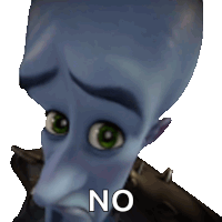 a close up of a cartoon character with the word no on his face