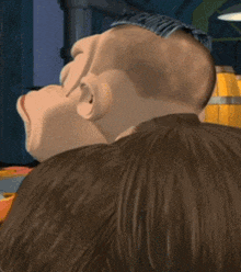 a close up of a cartoon character 's head with a bald head