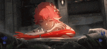 a girl with pink hair is laying on a rock with her eyes closed