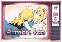 a pink television with a picture of two girls and the words alimari fan written on it
