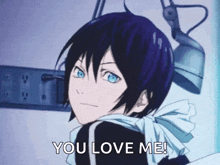 a boy with blue eyes is saying `` you love me '' while standing in front of a microphone .