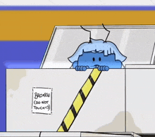 a cartoon character is peeking over a sign that says broken do not touch