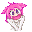 a cartoon drawing of a girl with pink hair and purple eyes .