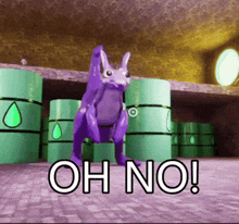 a purple rabbit is standing in front of green barrels with the words oh no in white letters