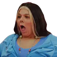a woman wearing a blue jacket has her mouth wide open