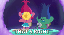 two trolls are sitting at a table and the words that 's right are above them