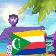 a cartoon character holding a flag with a w on his head