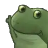 a green frog with big eyes is waving its hand .