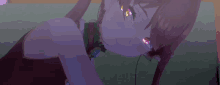a close up of a girl 's face with purple hair and red eyes