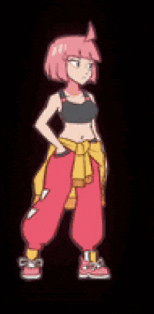 a pixel art drawing of a girl with pink hair and pink pants .