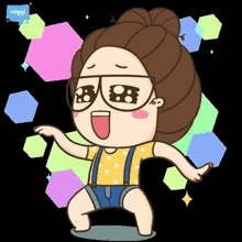 a cartoon of a girl wearing glasses and suspenders with the word miggi in the corner