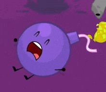 a purple bomb with a pink hose coming out of it 's mouth is standing next to a rock .