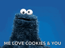 a cookie monster says " me love cookies and you "