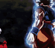 a man in a red jacket is standing next to a cartoon character
