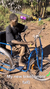 a man in a wheelchair is riding a bike with the caption " such a blessing "