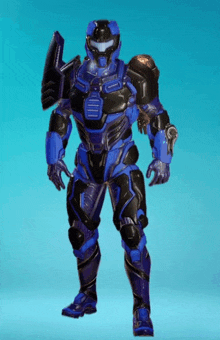 a blue and black robot with a helmet and shield