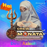 a woman making a heart shape with her hands in front of a sign that says crew monata