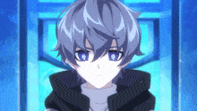 a close up of a anime character with purple eyes