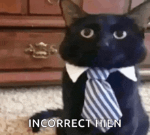 a black cat wearing a tie and collar is sitting in front of a dresser .