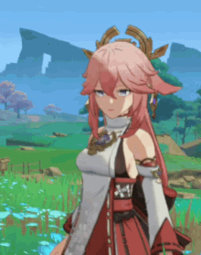 a girl with pink hair and horns is standing in a field