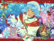 a merry christmas greeting card with a girl holding a star