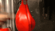 a red boxing bag is hanging from a wall