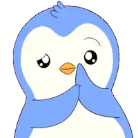 a blue and white penguin is covering its mouth with its hands
