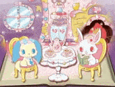 two rabbits are sitting at a table with a tea set