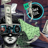 a man wearing a virtual reality headset surrounded by money
