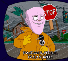 a cartoon character with a stop sign in the background