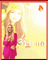 a woman in a pink suit is standing in front of a yellow background that says selena