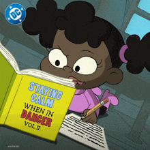 a cartoon girl is reading a book titled staying calm when in danger