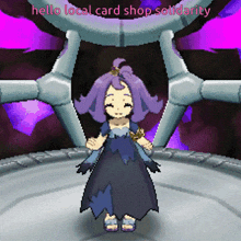 a girl in a blue dress is standing in front of a sign that says hello local card shop solidarity