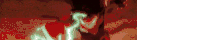 a close up of a person 's face with a red background and a green light coming out of their mouth .