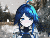 a girl with blue hair has a sticker on her chest that says ' 01 '