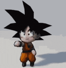 a cartoon character with a black hair and orange pants is walking on a white surface .