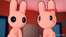 two pink cartoon rabbits standing next to each other with gifrun.com in the bottom right