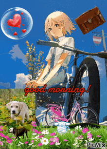 a picture of a girl riding a bike with the words good morning on the bottom