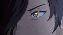 a close up of a person 's eye with a slight smirk on their face
