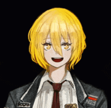 a girl with yellow hair is wearing a jacket with a patch that says no9 on it