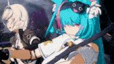 a girl with blue hair is wearing a cat mask