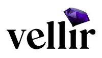 a black and white logo for vellir with a purple diamond in the middle