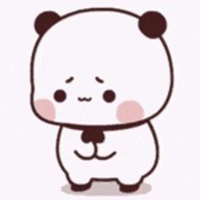 a cartoon panda bear with a sad face is standing next to a piece of food .