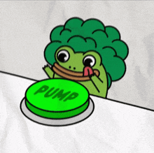 a frog with a broccoli head is licking a green button that says pump